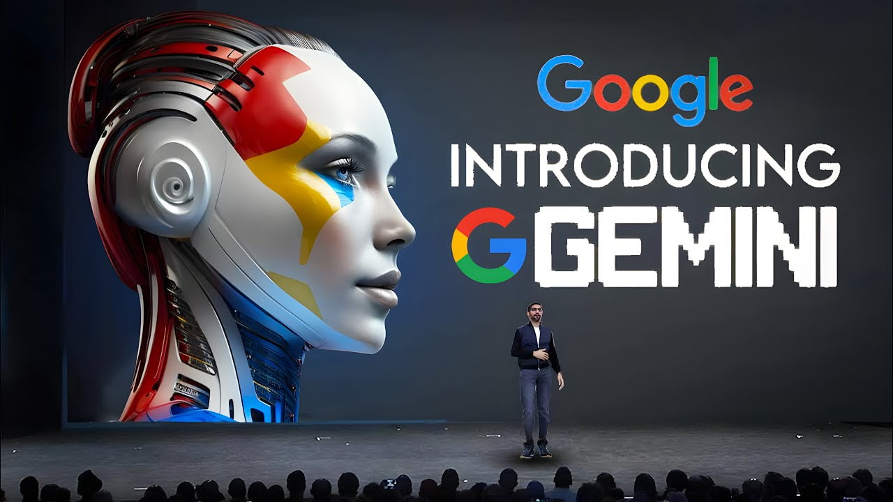  A man standing on a stage in front of a large screen with the words "Google Introducing Gemini" and a picture of a robot's head.